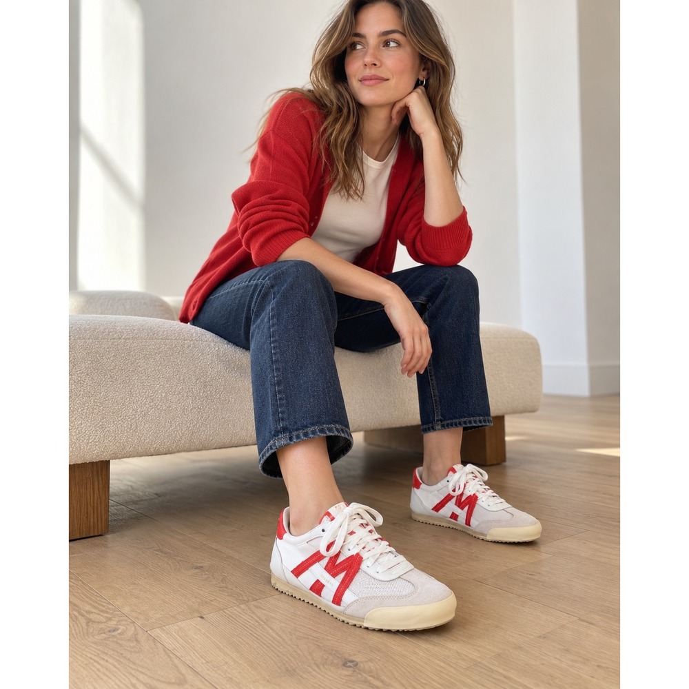 Sam Edelman Irma Retro Low-Profile Sneakers Suede Mesh Gum Sole White Red 8.5